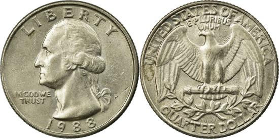 1988 Washington Quarter grading strip showing four coins from worn to gem uncirculated condition tiers