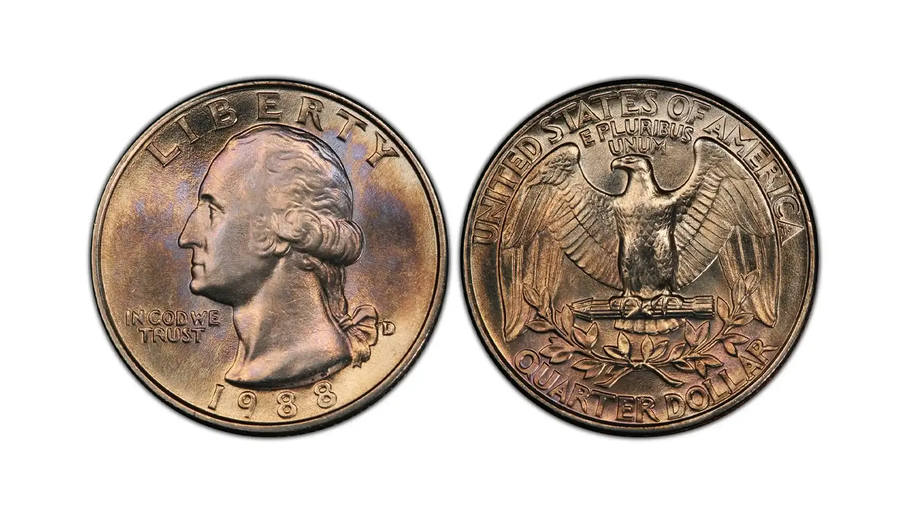 1988 Washington Quarter normal coin vs off-center strike comparison showing design shift and blank crescent