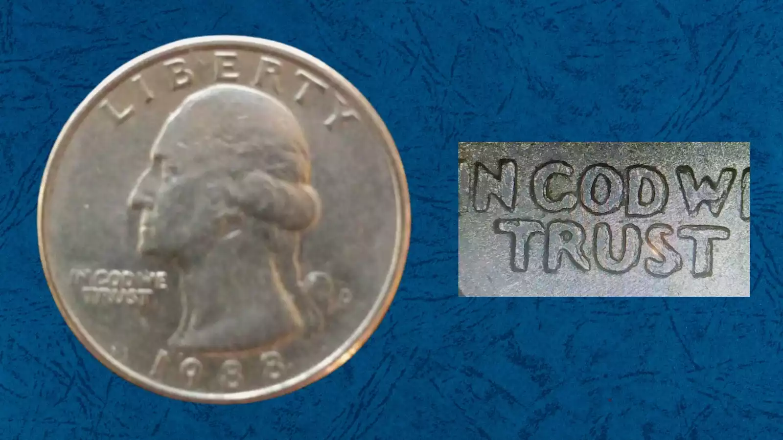 1988 Washington Quarter struck on wrong planchet showing size difference compared to normal quarter