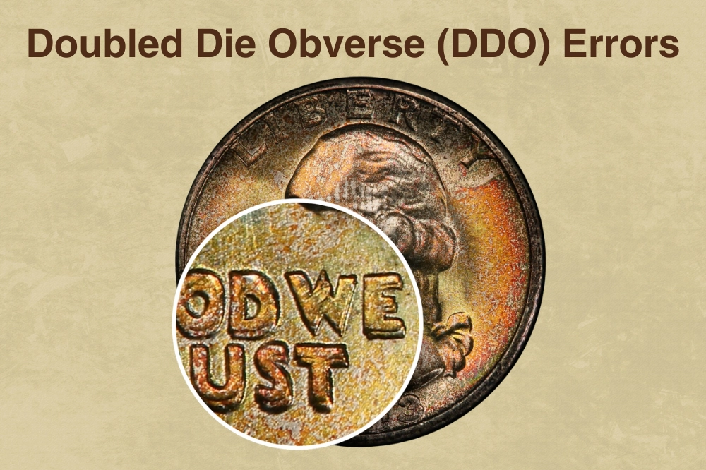 1988 quarter doubled die obverse error showing doubled lettering in IN GOD WE TRUST motto under magnification